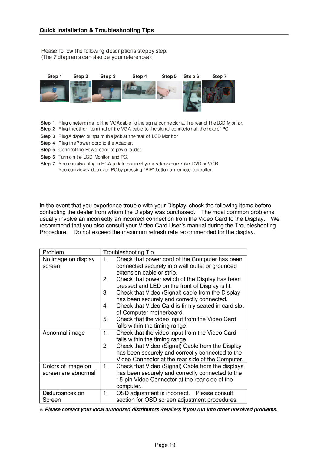 Tote Vision LCD-2001VB manual Quick Installation & Troubleshooting Tips, Step Ste p 