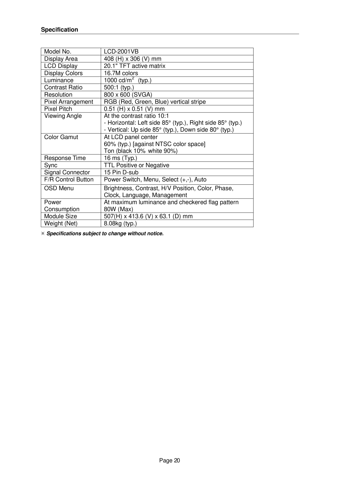 Tote Vision LCD-2001VB manual Specification 