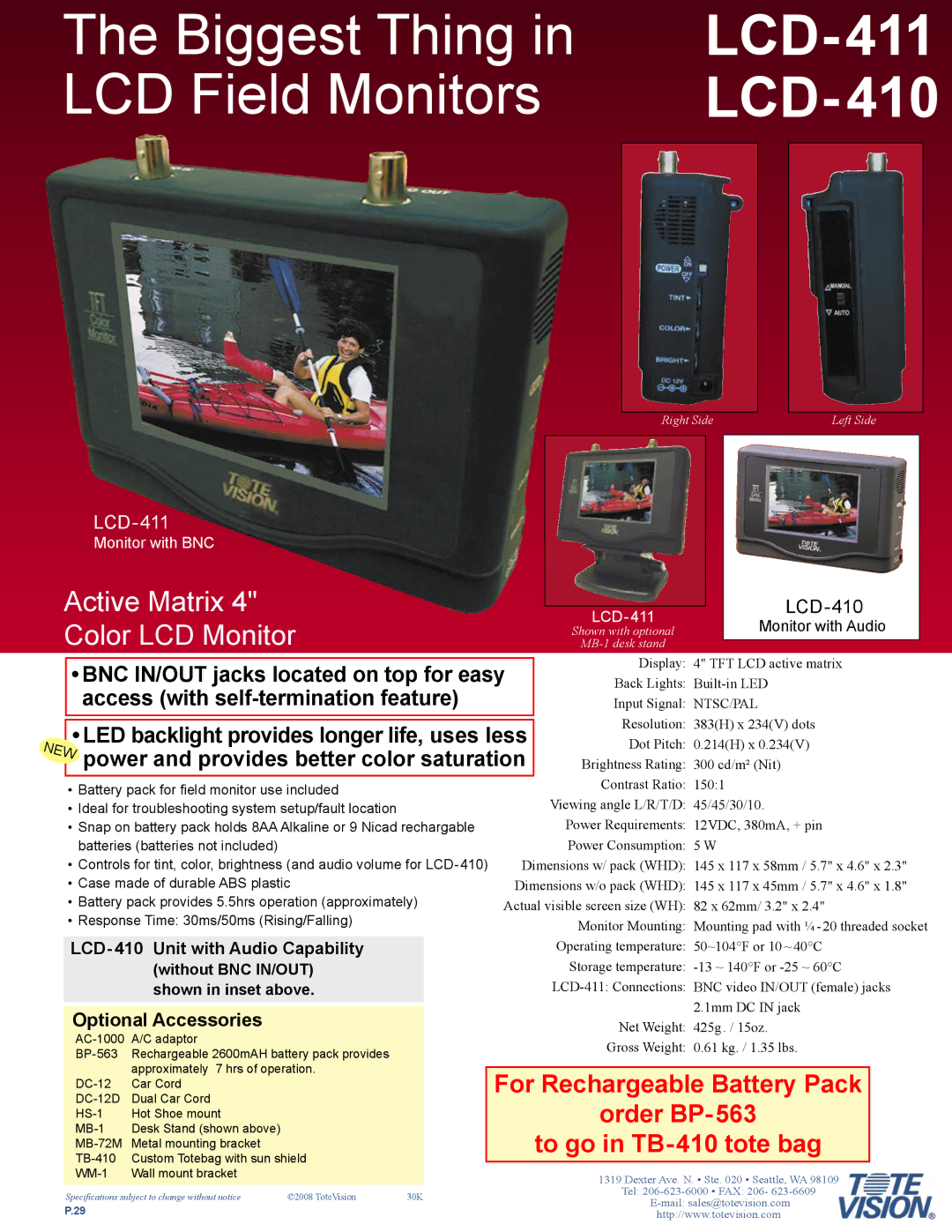 Tote Vision specifications LCD-411 LCD, LCD-410, Monitor with Audio 