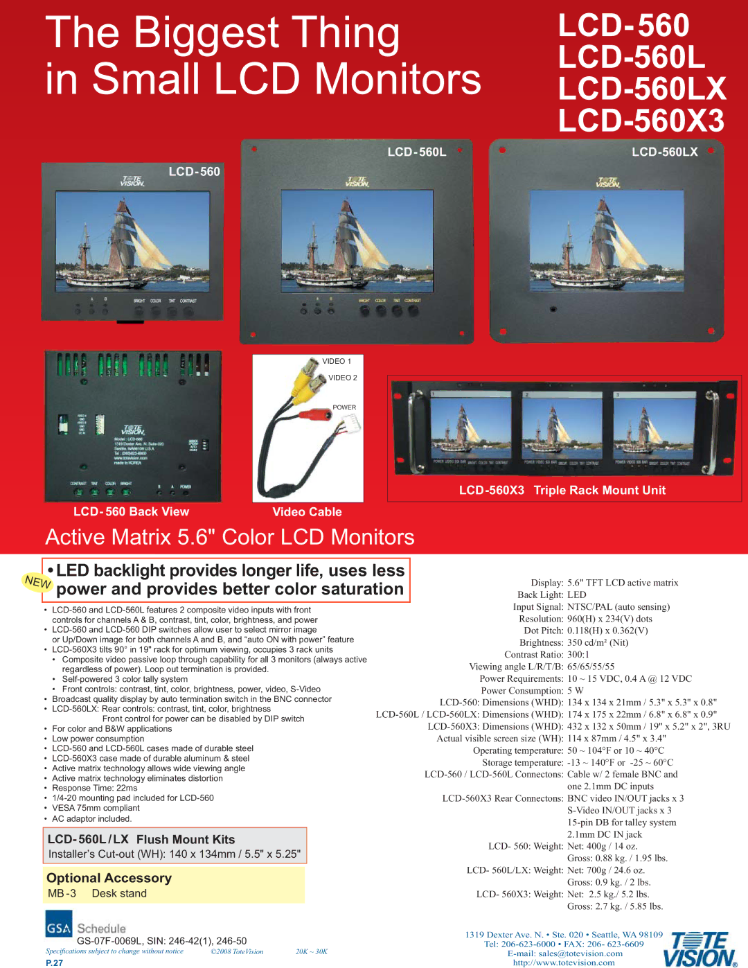 Tote Vision dimensions Biggest Thing Small LCD Monitors, LCD-560 LCD-560L LCD-560LX LCD-560X3, Optional Accessory 