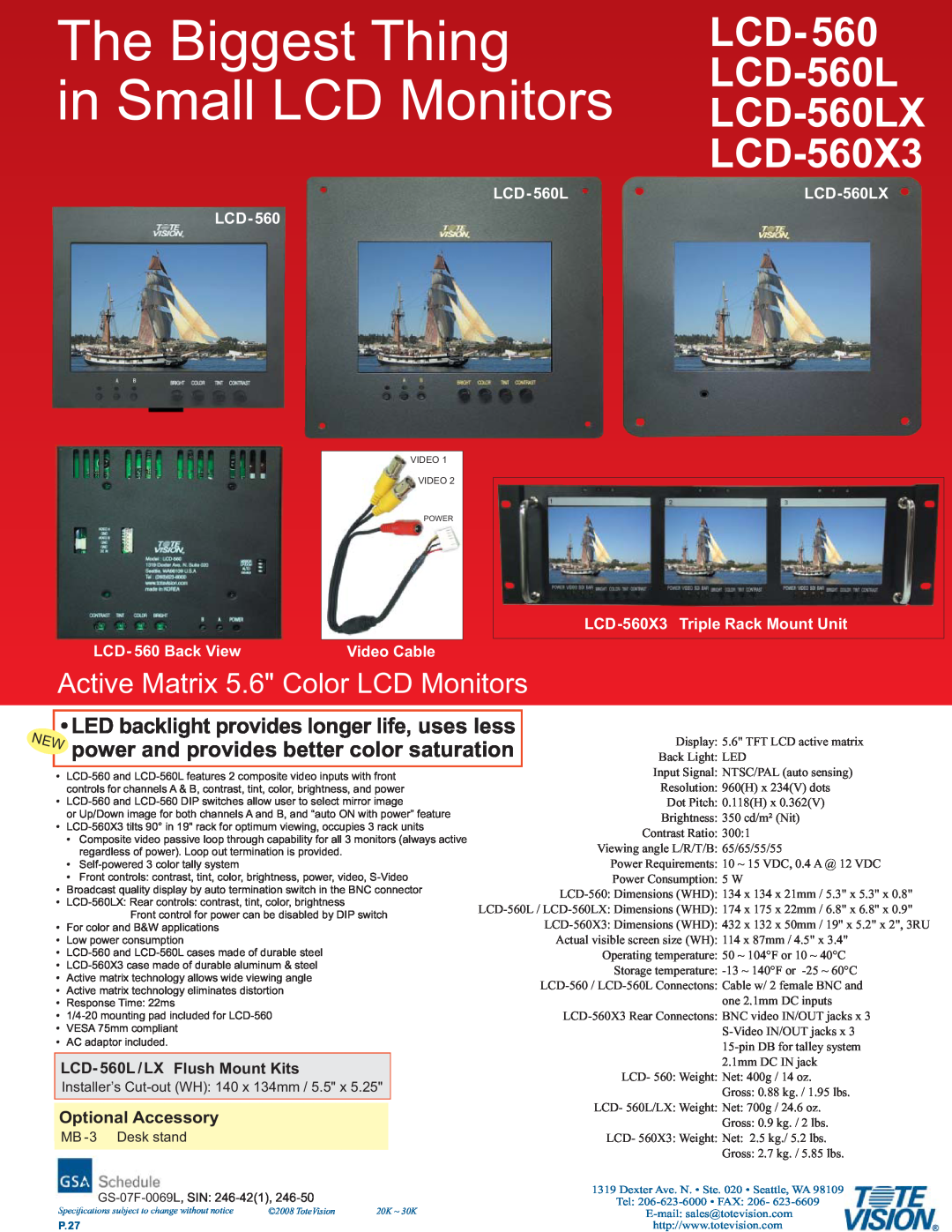 Tote Vision dimensions The Biggest Thing in Small LCD Monitors, LCD-560 LCD-560L LCD-560LX LCD-560X3, Video Cable 