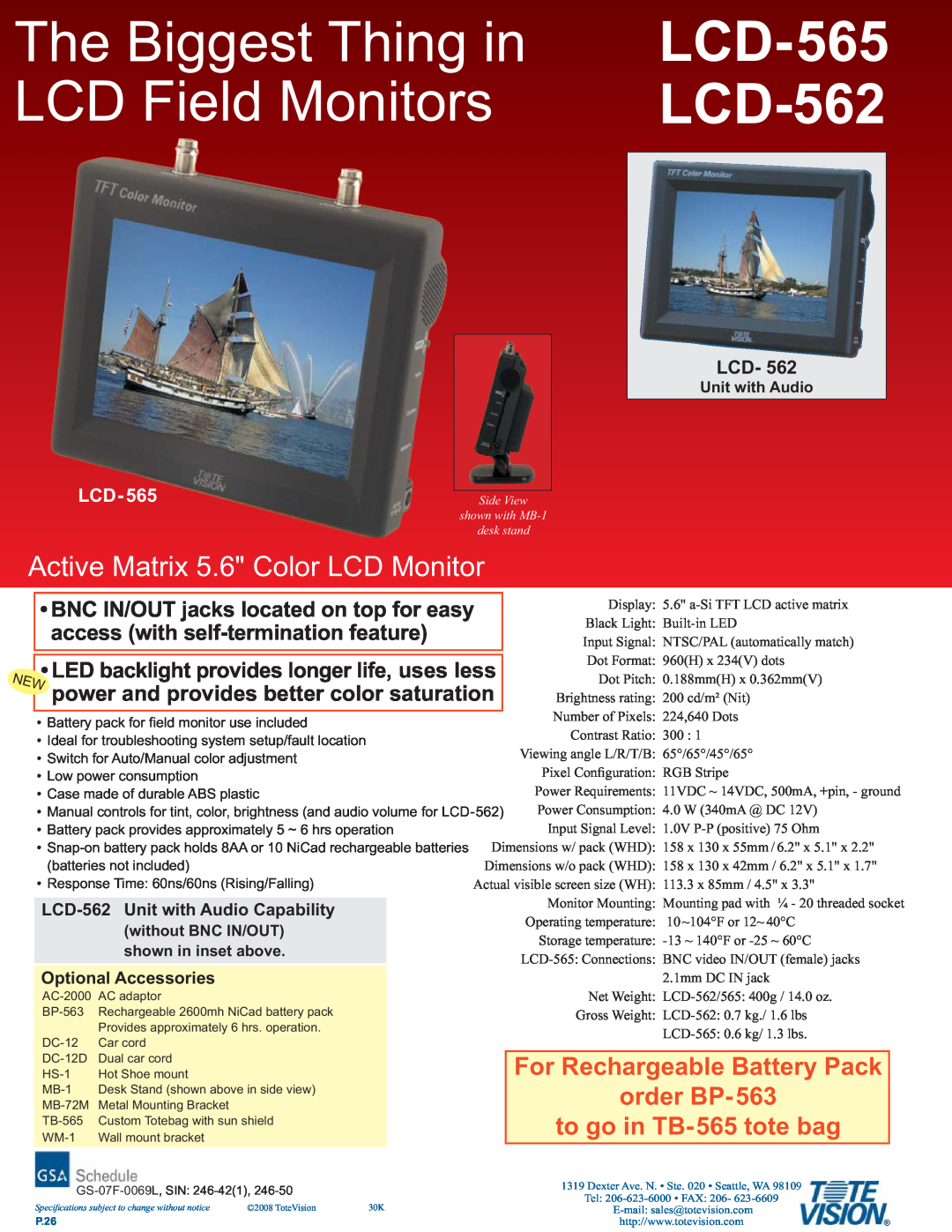 Tote Vision LCD-565 dimensions The Biggest Thing in, LCD Field Monitors, LCD-562, For Rechargeable Battery Pack 