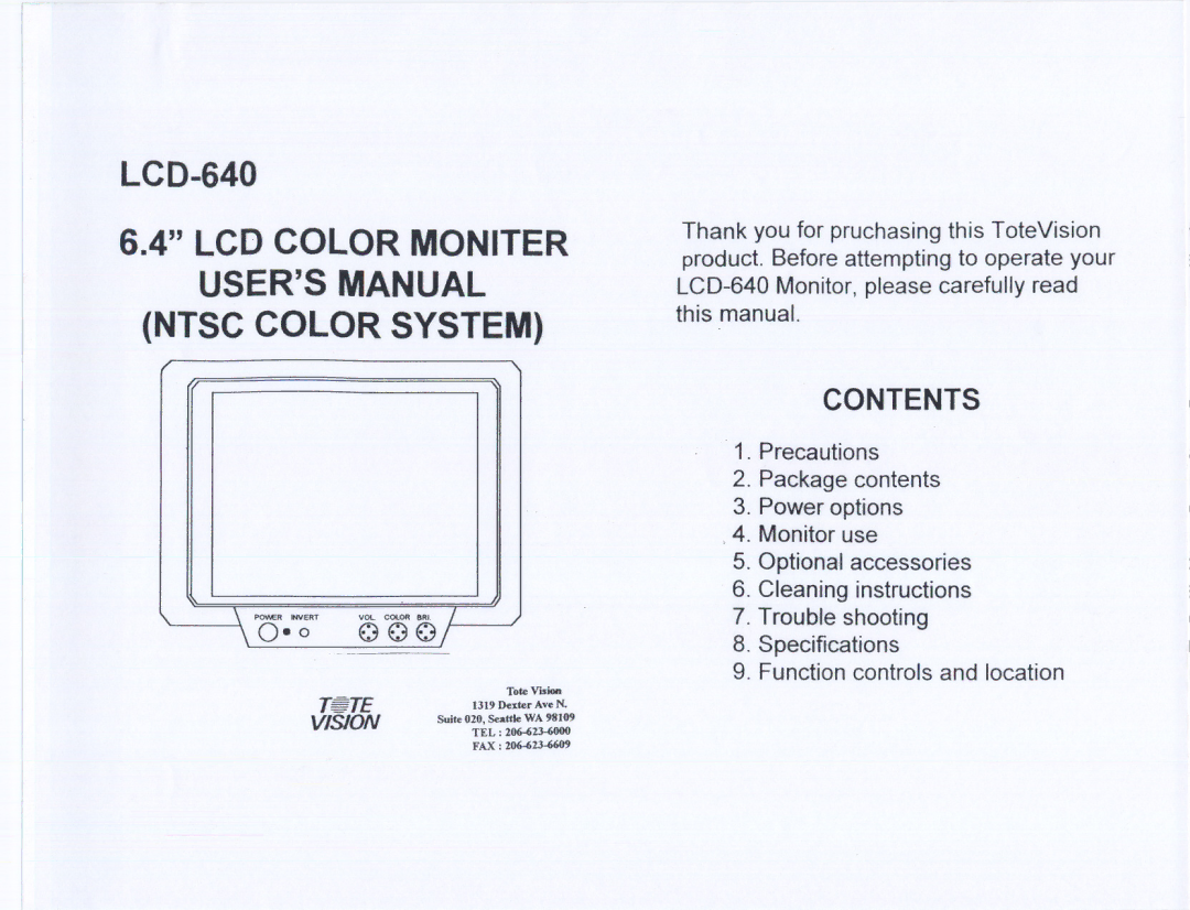 Tote Vision LCD-640 user manual LCD Color Moniter Usersmanual Ntsc Color System 