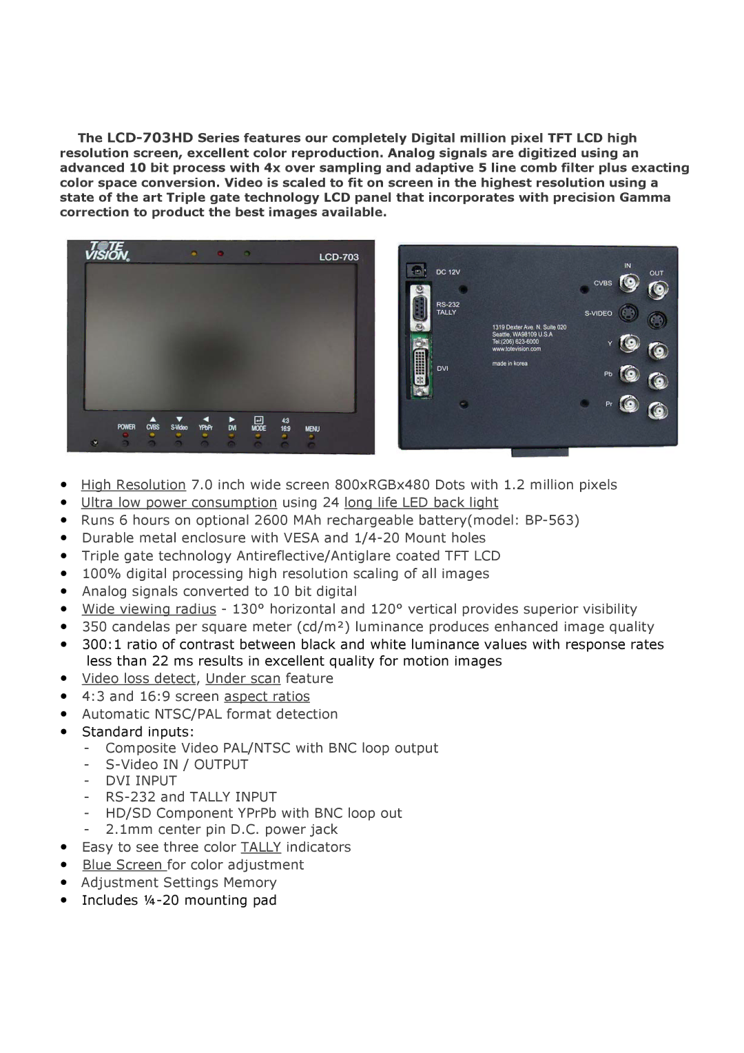 Tote Vision LCD-703HD manual DVI Input 