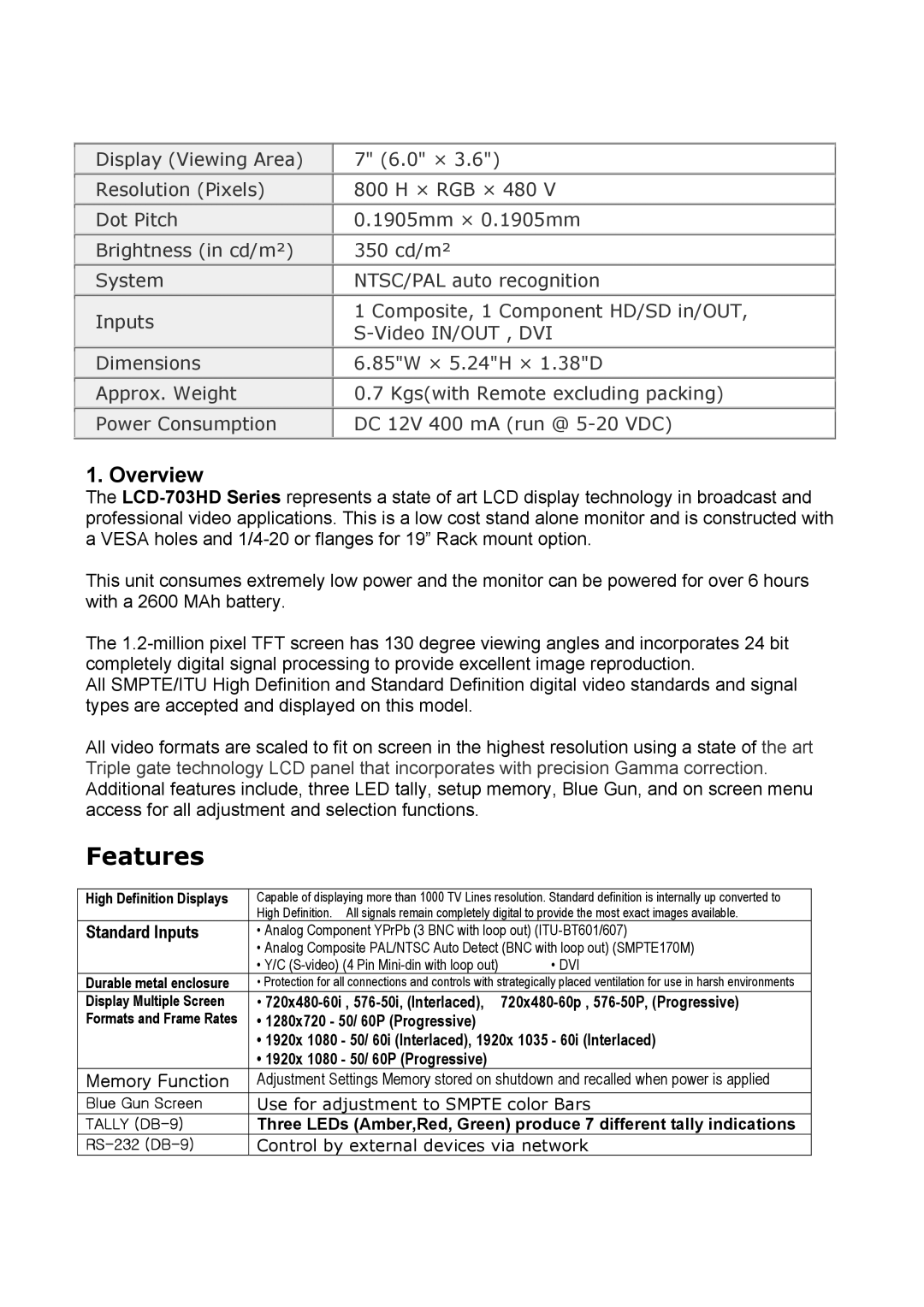 Tote Vision LCD-703HD manual Features, Overview 