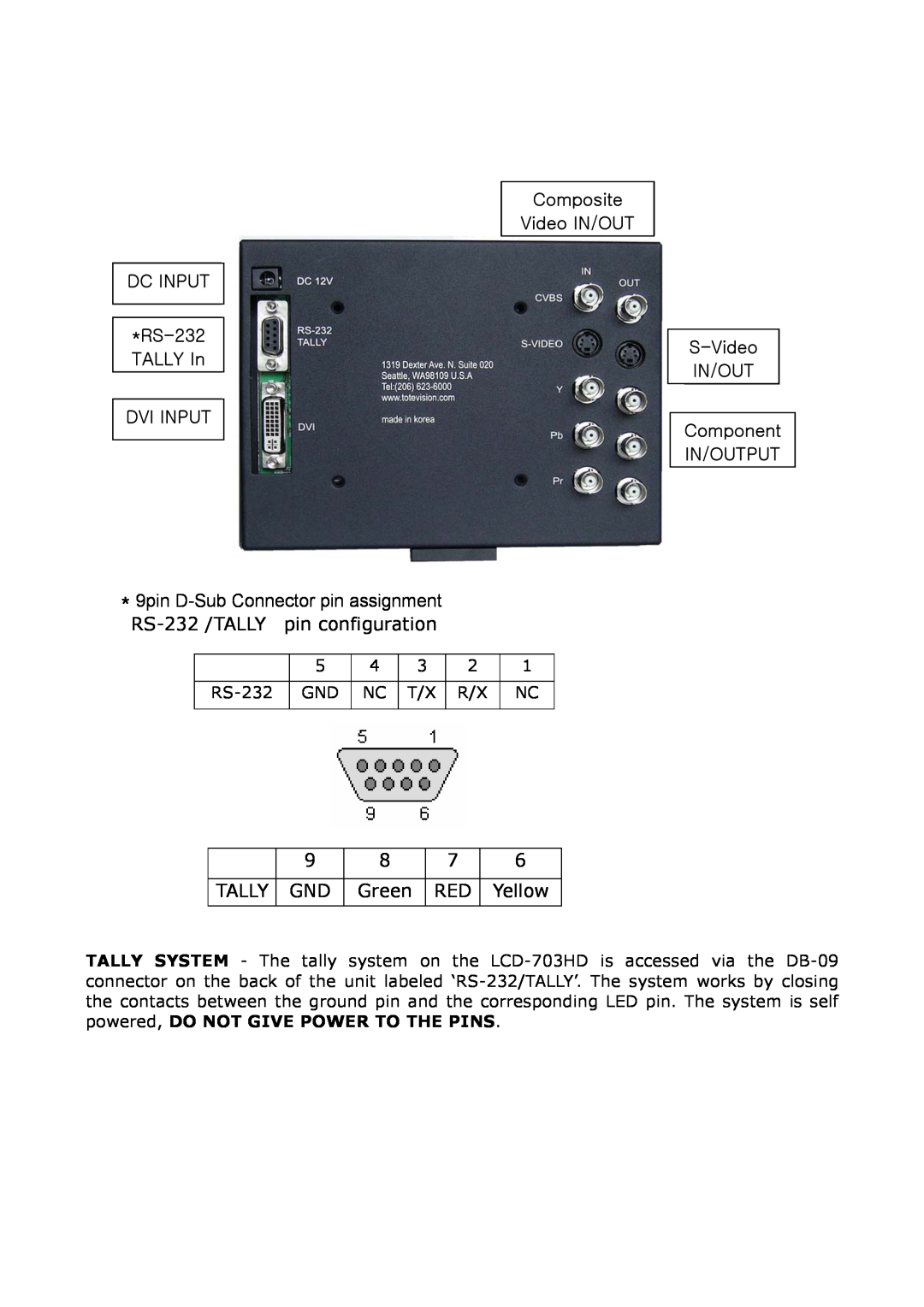 Tote Vision LCD-703HD manual Composite Video IN/OUT DC INPUT RS-232 TALLY In DVI INPUT, 9pin D-Sub Connector pin assignment 