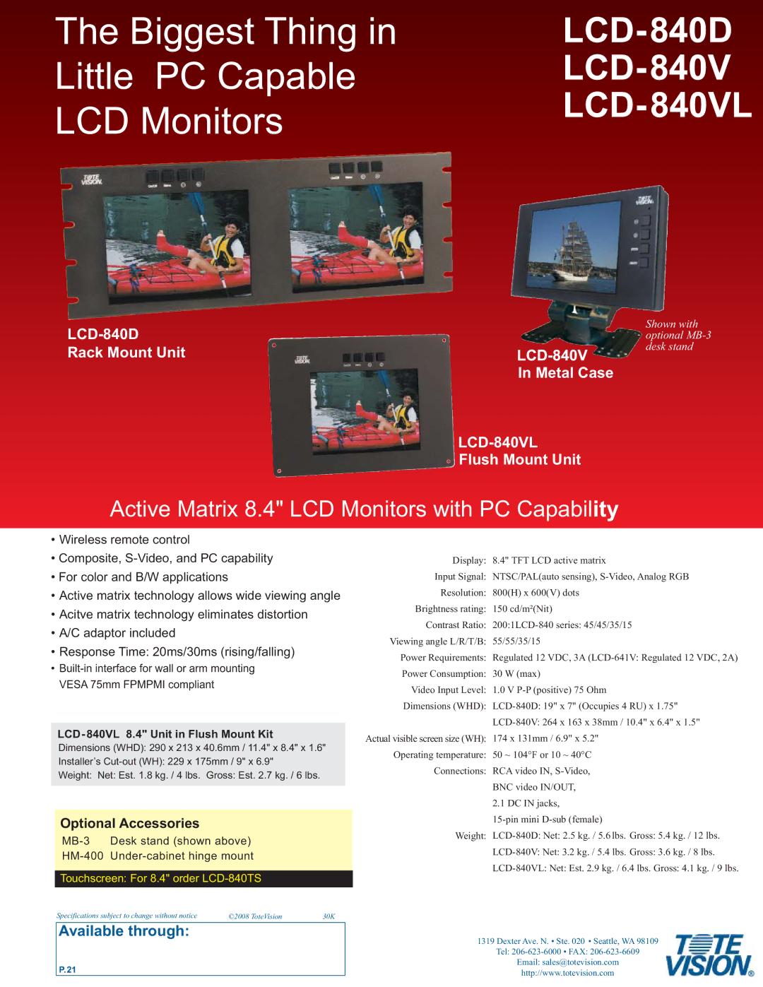 Tote Vision dimensions Biggest Thing Little PC Capable LCD Monitors, LCD-840D LCD-840V LCD-840VL, Optional Accessories 