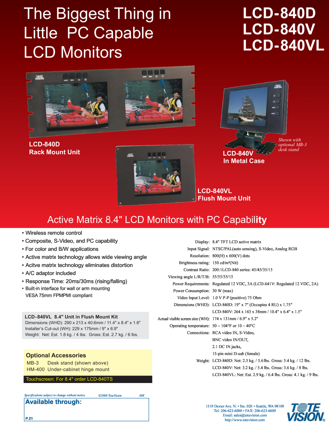 Tote Vision dimensions The Biggest Thing in Little PC Capable LCD Monitors, LCD-840D LCD-840V LCD-840VL 