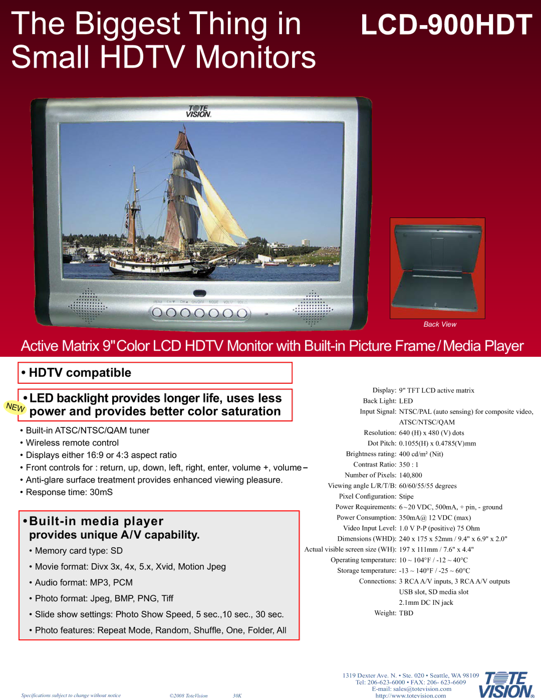 Tote Vision dimensions Biggest Thing in LCD-900HDTSmall Hdtv Monitors, Hdtv compatible, Atsc/Ntsc/Qam 