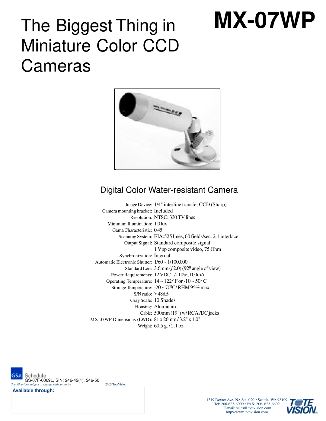 Tote Vision specifications Biggest Thing in MX-07WPMiniature Color CCD Cameras, Digital Color Water-resistant Camera 