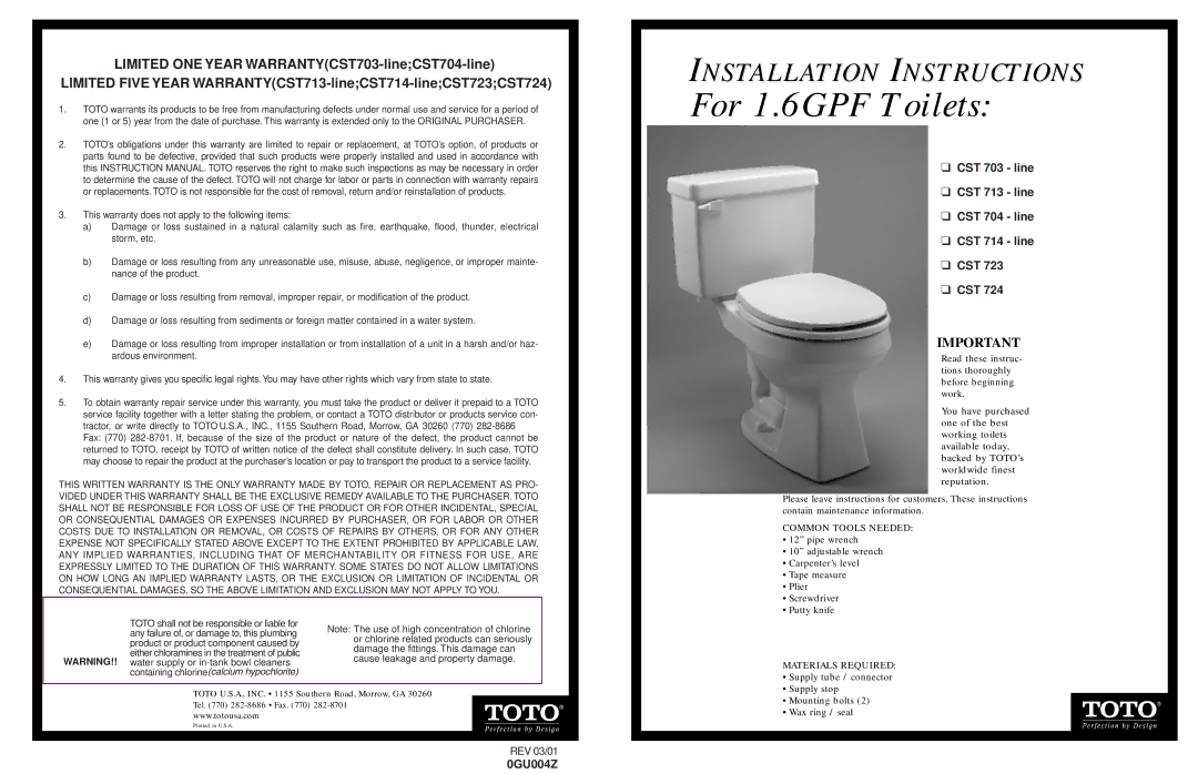 Toto CST 703 warranty For 1.6GPF Toilets 