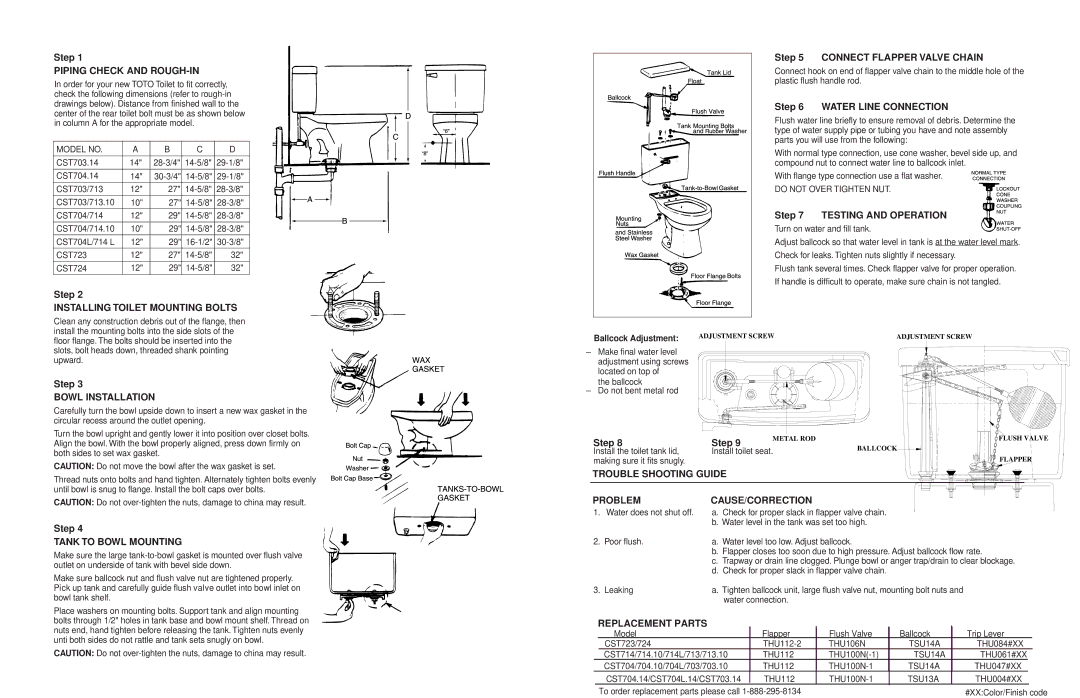 Toto CST 703 Piping Check and ROUGH-IN, Installing Toilet Mounting Bolts, Bowl Installation, Trouble Shooting Guide 