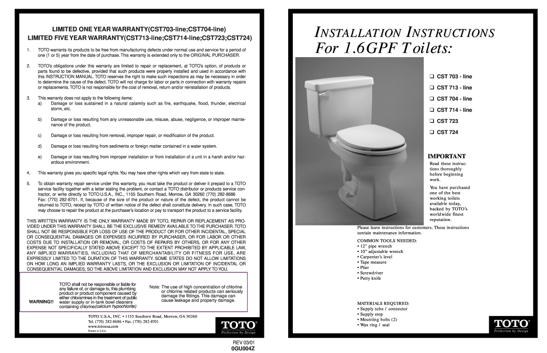 Toto CST 703 warranty For 1.6GPF Toilets, Installation Instructions, 0GU004Z, REV 03/01 
