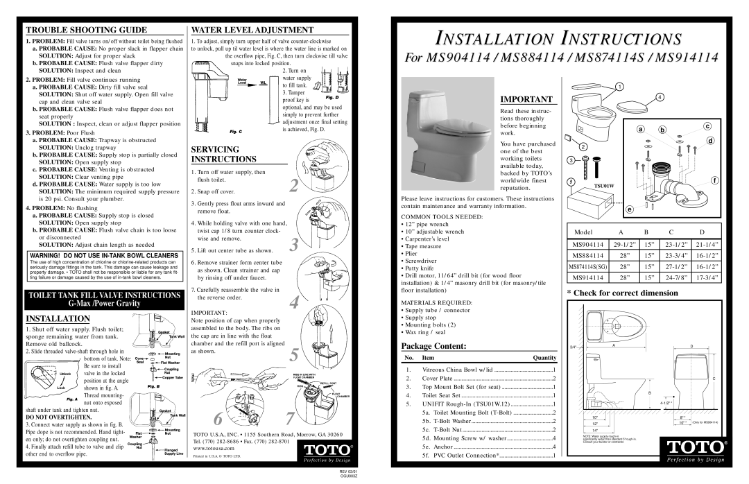 Toto MS884114, MS874114S warranty Trouble Shooting Guide, Water Level Adjustment, Servicing Instructions, Installation 