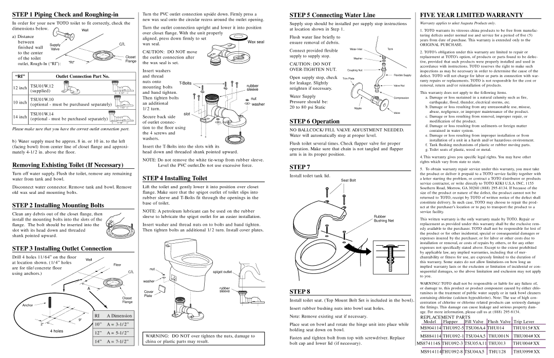 Toto MS904114, MS874114S, MS884114, MS914114 warranty Five Year Limited Warranty, Step 