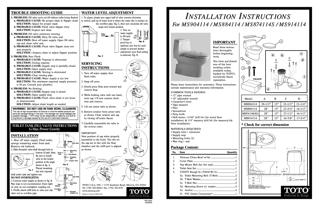Toto MS884114, MS874114S warranty Trouble Shooting Guide, Water Level Adjustment, Servicing Instructions, Installation 
