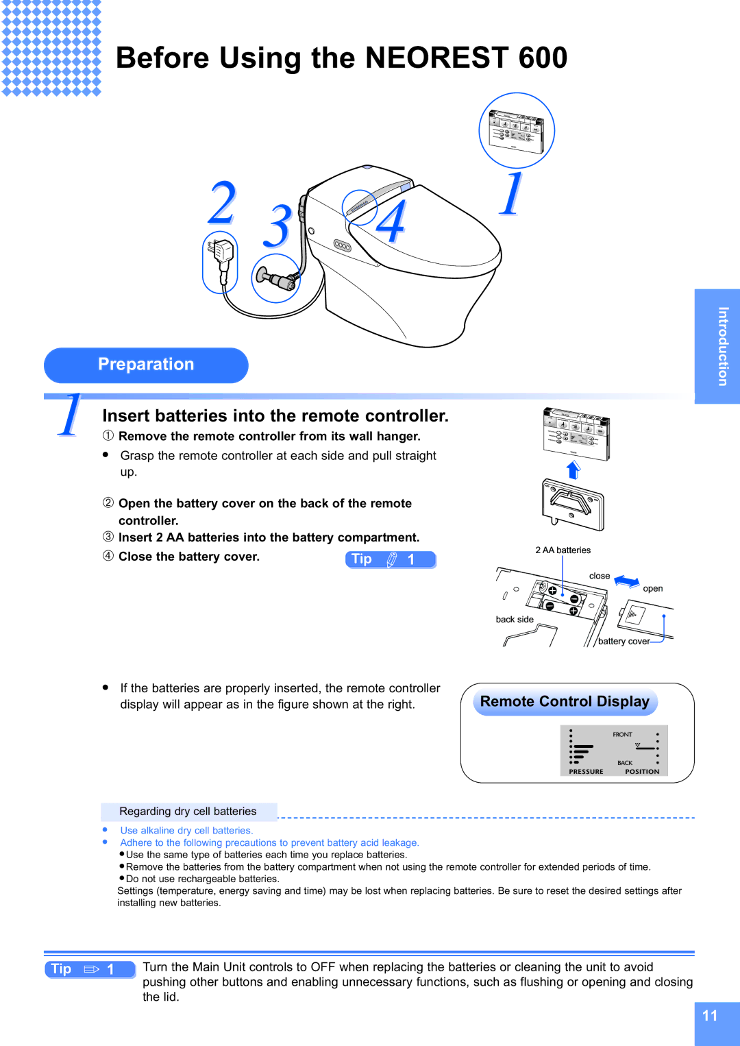 Toto MS990CG Before Using the Neorest, Insert batteries into the remote controller, Remote Control Display 