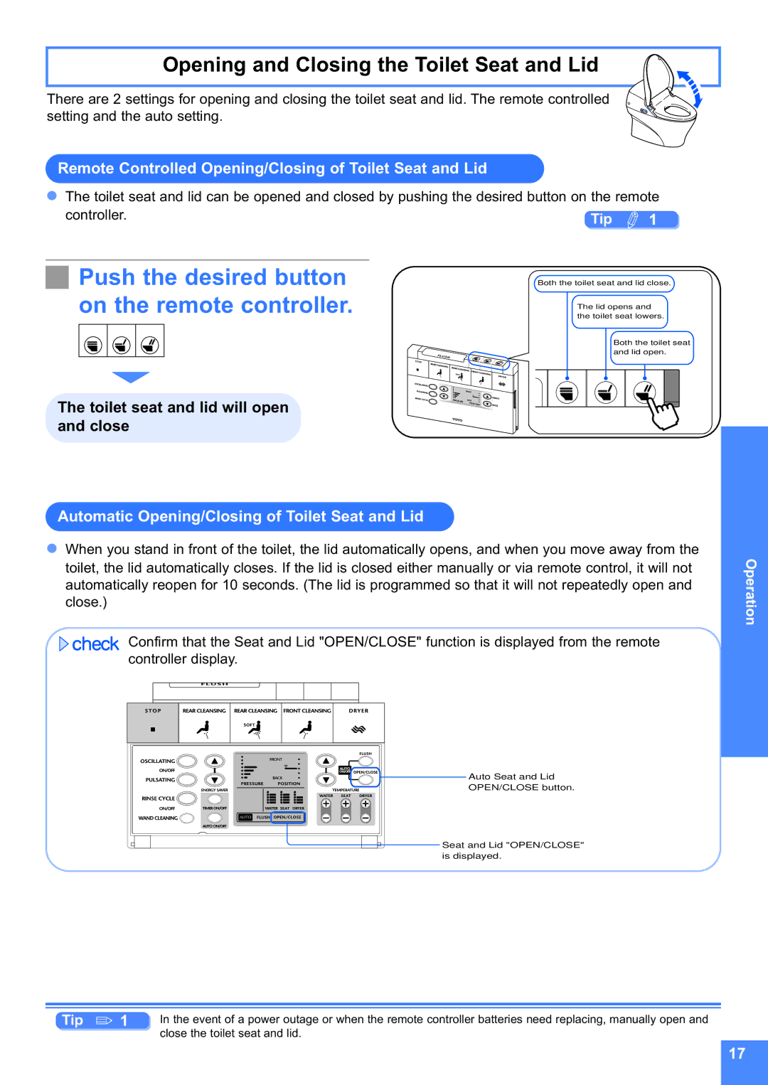 Toto MS990CG Push the desired button on the remote controller, Opening and Closing the Toilet Seat and Lid 