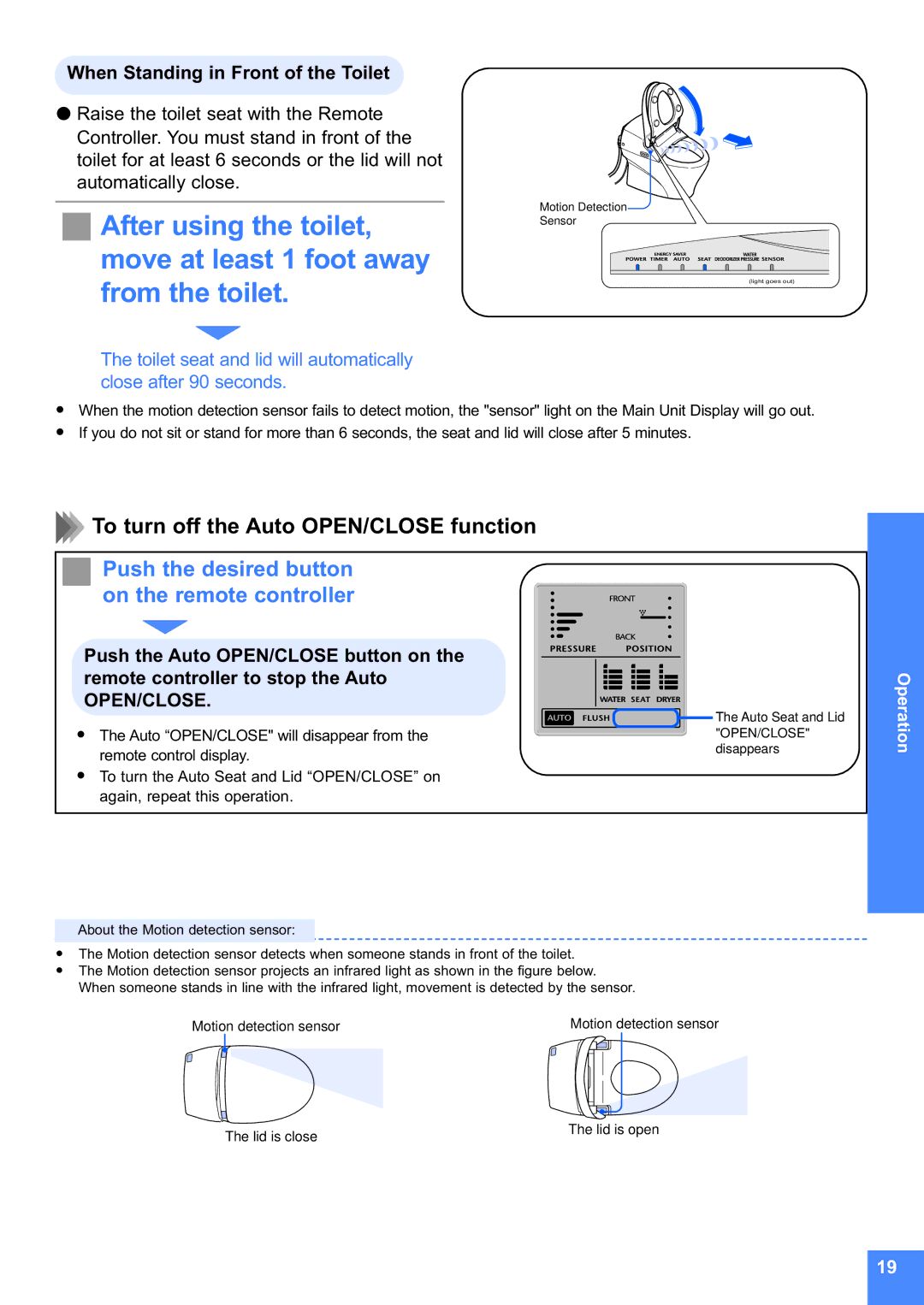 Toto MS990CG After using the toilet, Move at least 1 foot away, From the toilet, To turn off the Auto OPEN/CLOSE function 