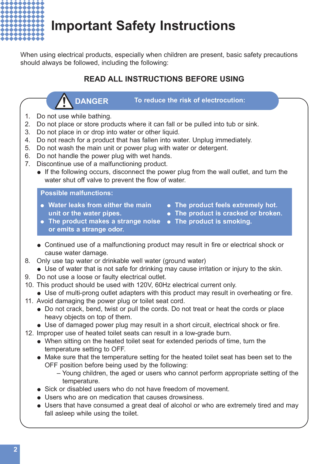 Toto MS990CG instruction manual Important Safety Instructions, Read ALL Instructions Before Using 