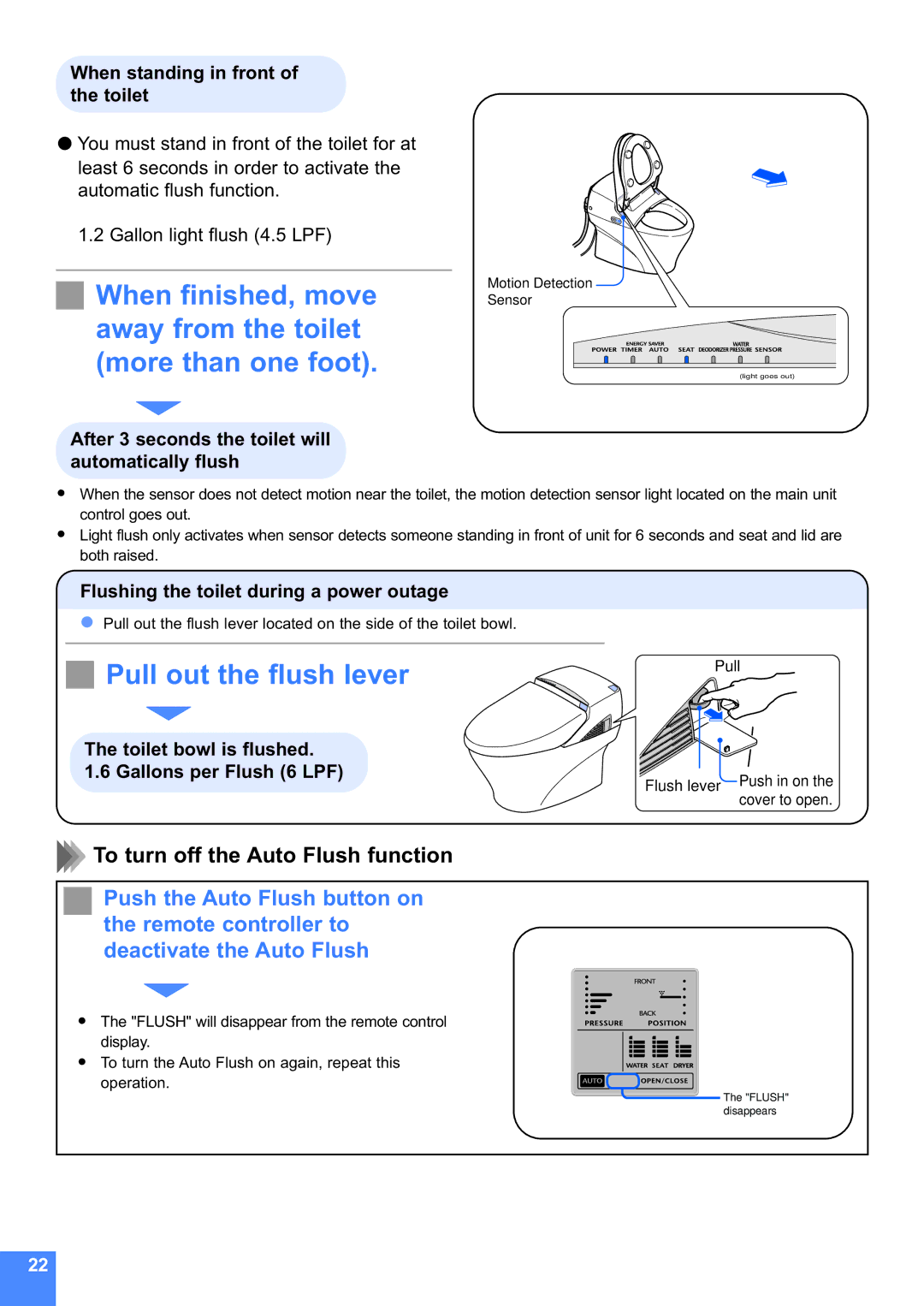 Toto MS990CG Pull out the flush lever, To turn off the Auto Flush function, Flushing the toilet during a power outage 