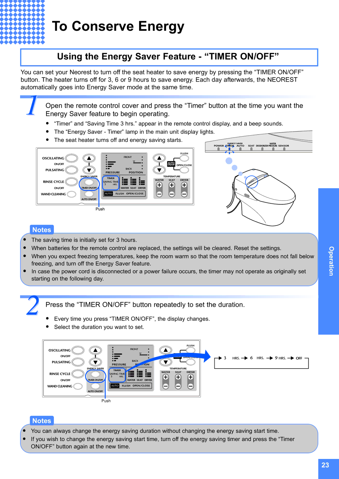 Toto MS990CG instruction manual To Conserve Energy, Using the Energy Saver Feature Timer ON/OFF 