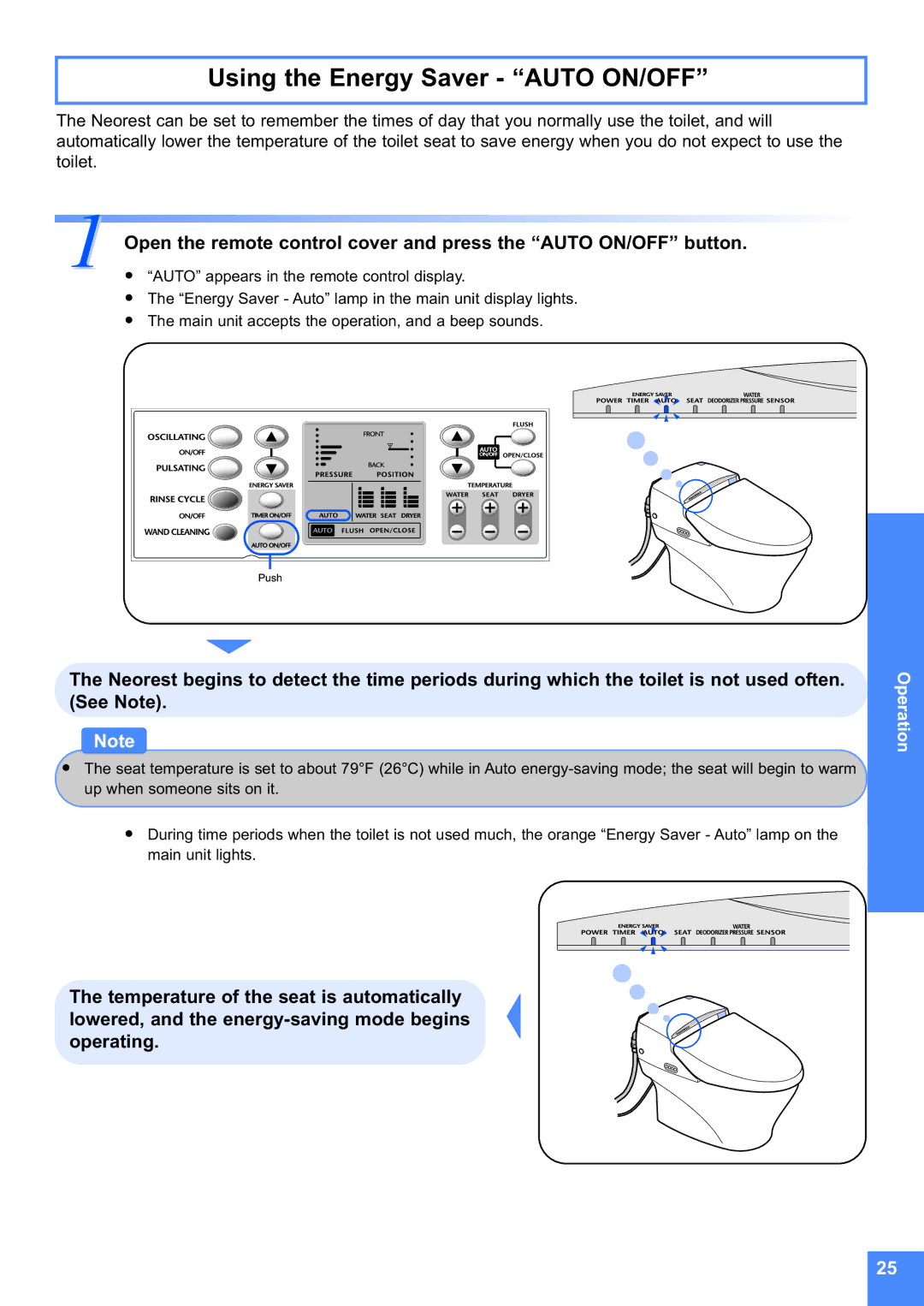 Toto MS990CG instruction manual Using the Energy Saver Auto ON/OFF 