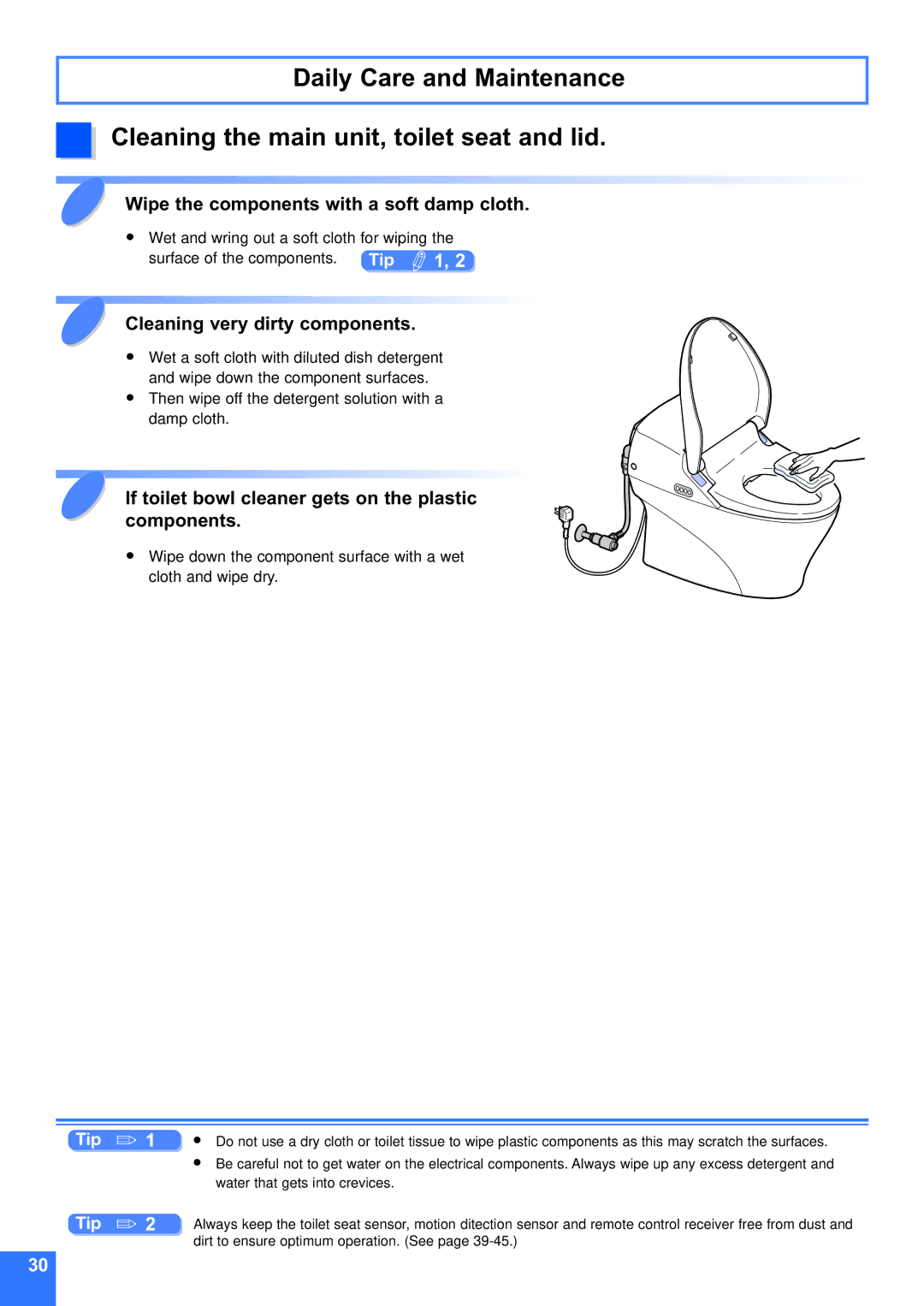 Toto MS990CG instruction manual Wipe the components with a soft damp cloth, Cleaning very dirty components 