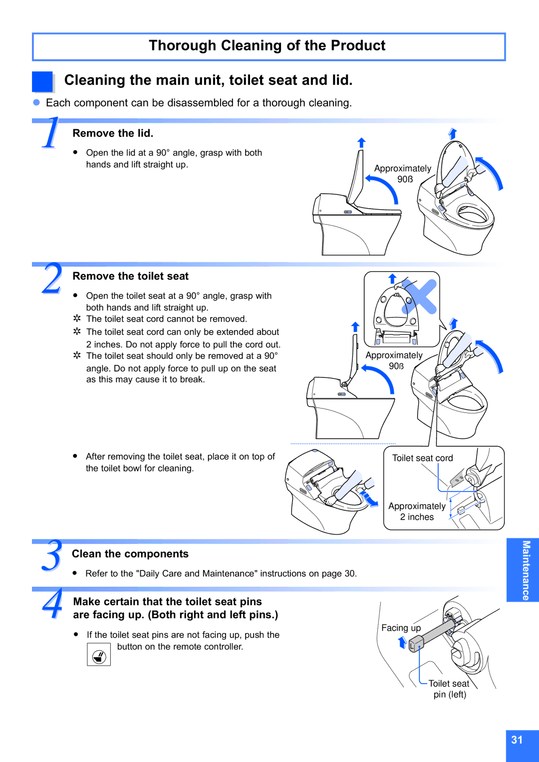 Toto MS990CG Remove the lid, Remove the toilet seat, Clean the components, Make certain that the toilet seat pins 