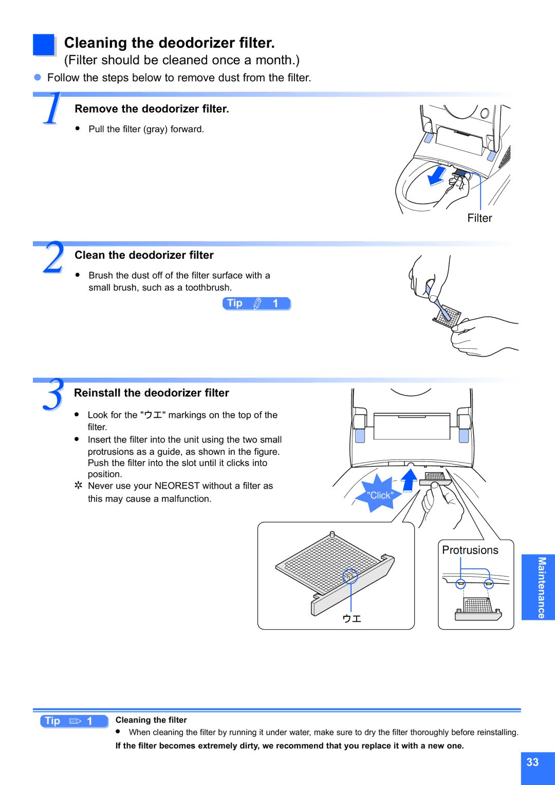 Toto MS990CG instruction manual Cleaning the deodorizer filter, Remove the deodorizer filter, Clean the deodorizer filter 