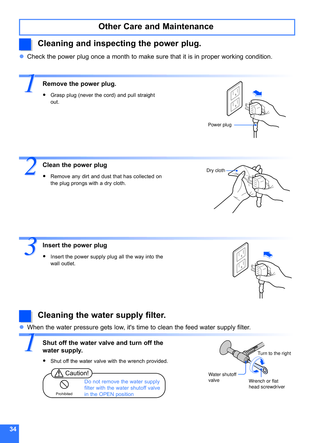 Toto MS990CG Cleaning the water supply filter, Remove the power plug, Clean the power plug, Insert the power plug 