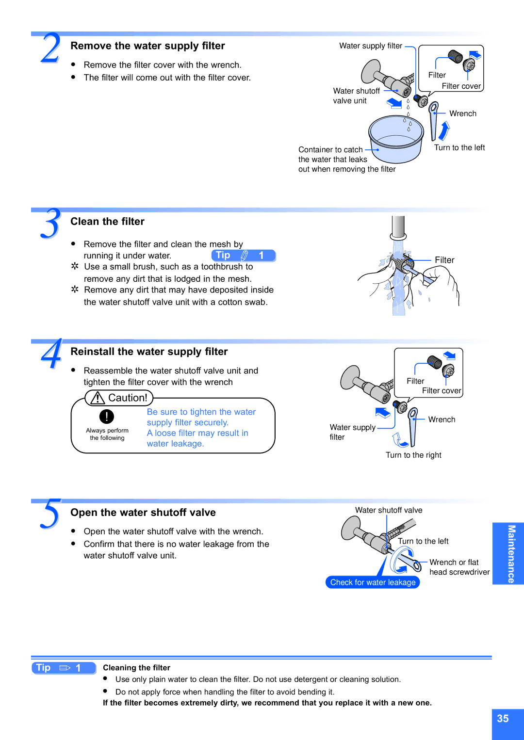 Toto MS990CG instruction manual Remove the water supply filter, Clean the filter, Reinstall the water supply filter 