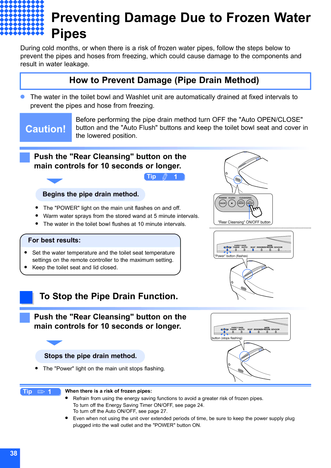 Toto MS990CG instruction manual Preventing Damage Due to Frozen Water Pipes, How to Prevent Damage Pipe Drain Method 