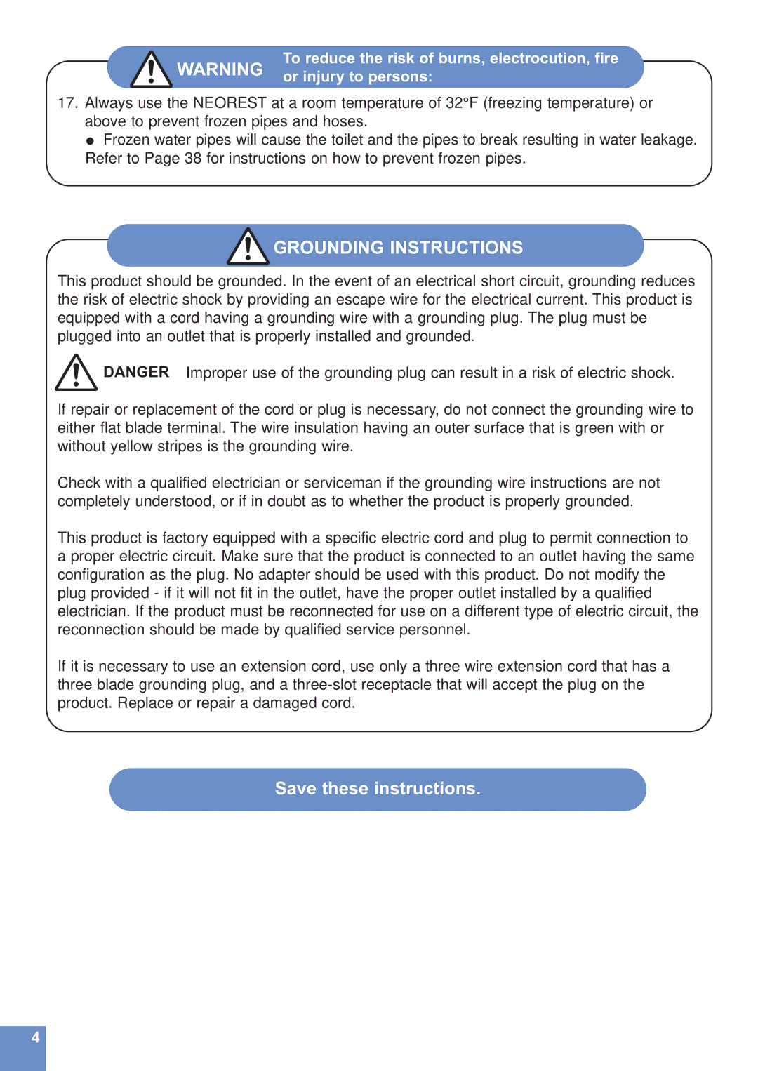 Toto MS990CG instruction manual Grounding Instructions 