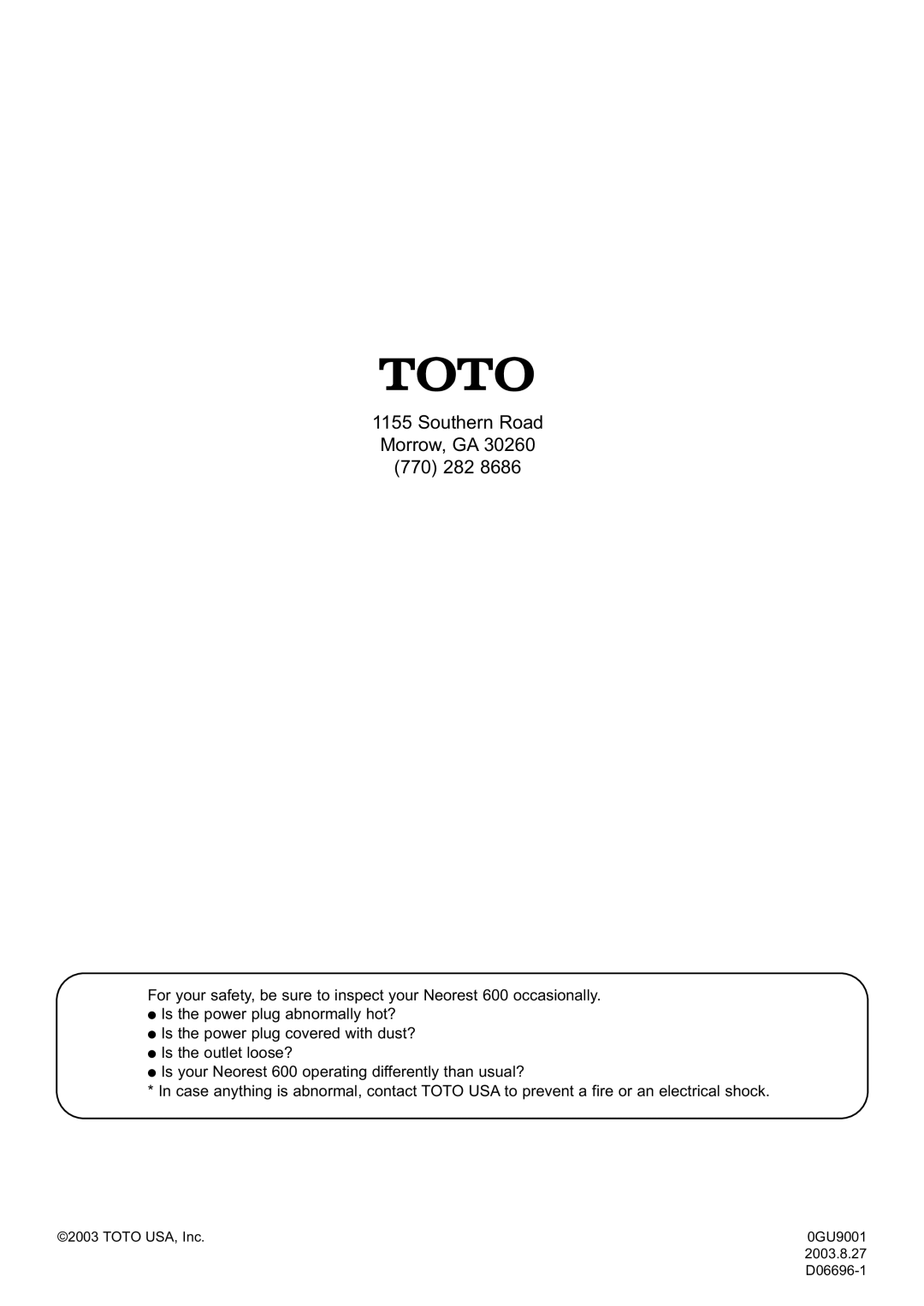 Toto MS990CG instruction manual Southern Road Morrow, GA 770 282 