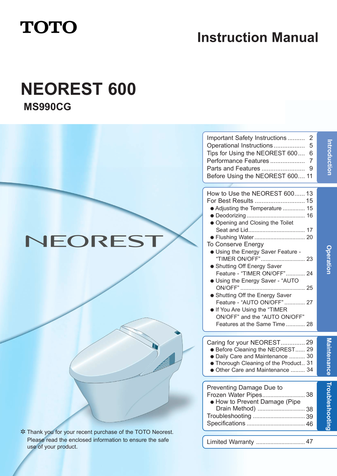 Toto MS990CG instruction manual Neorest 