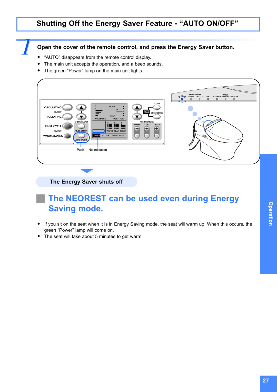 Toto MS990CG instruction manual PushNoindication, The Energy Saver shuts off, Operation 