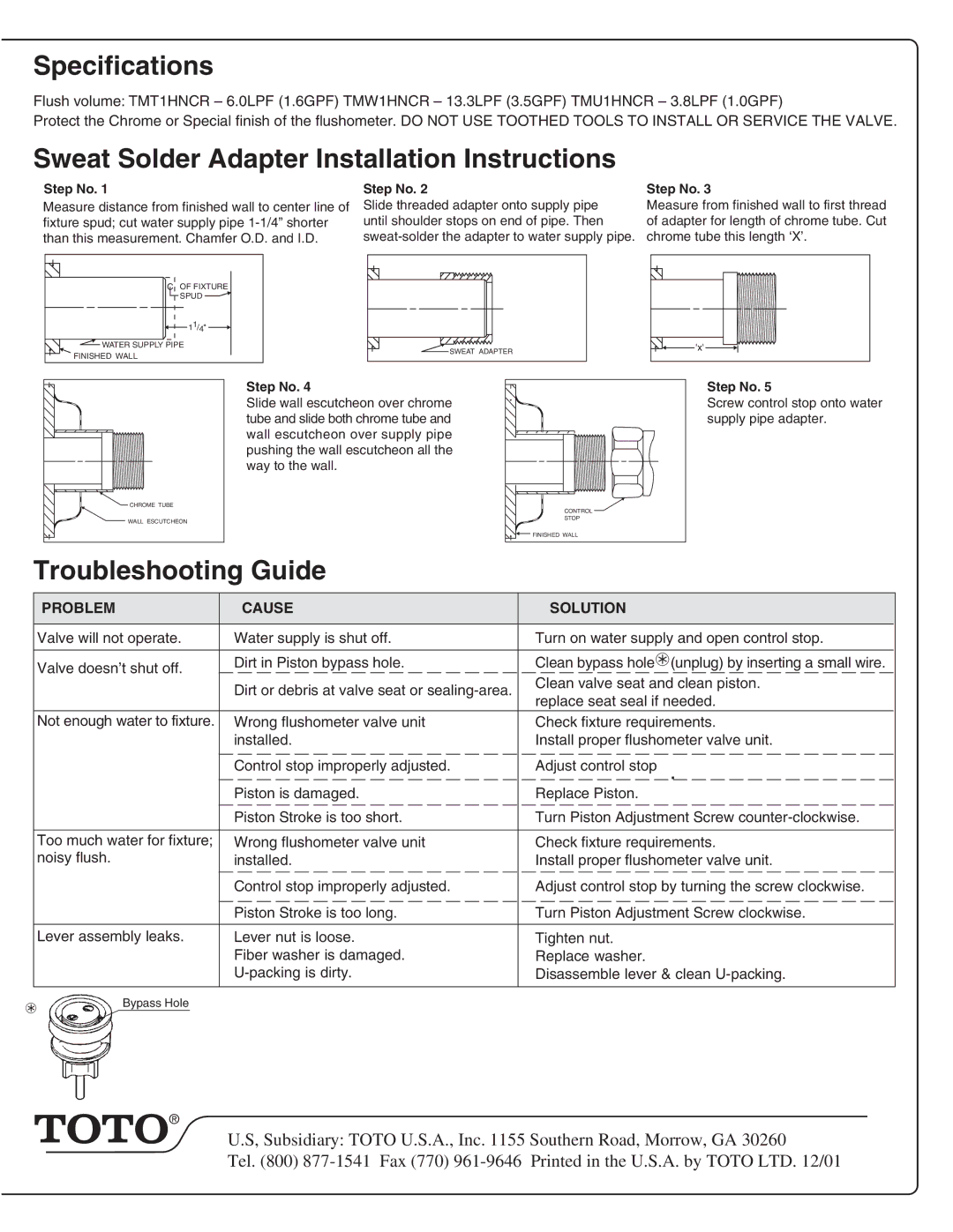 Toto TMT1HNCR installation instructions Specifications 