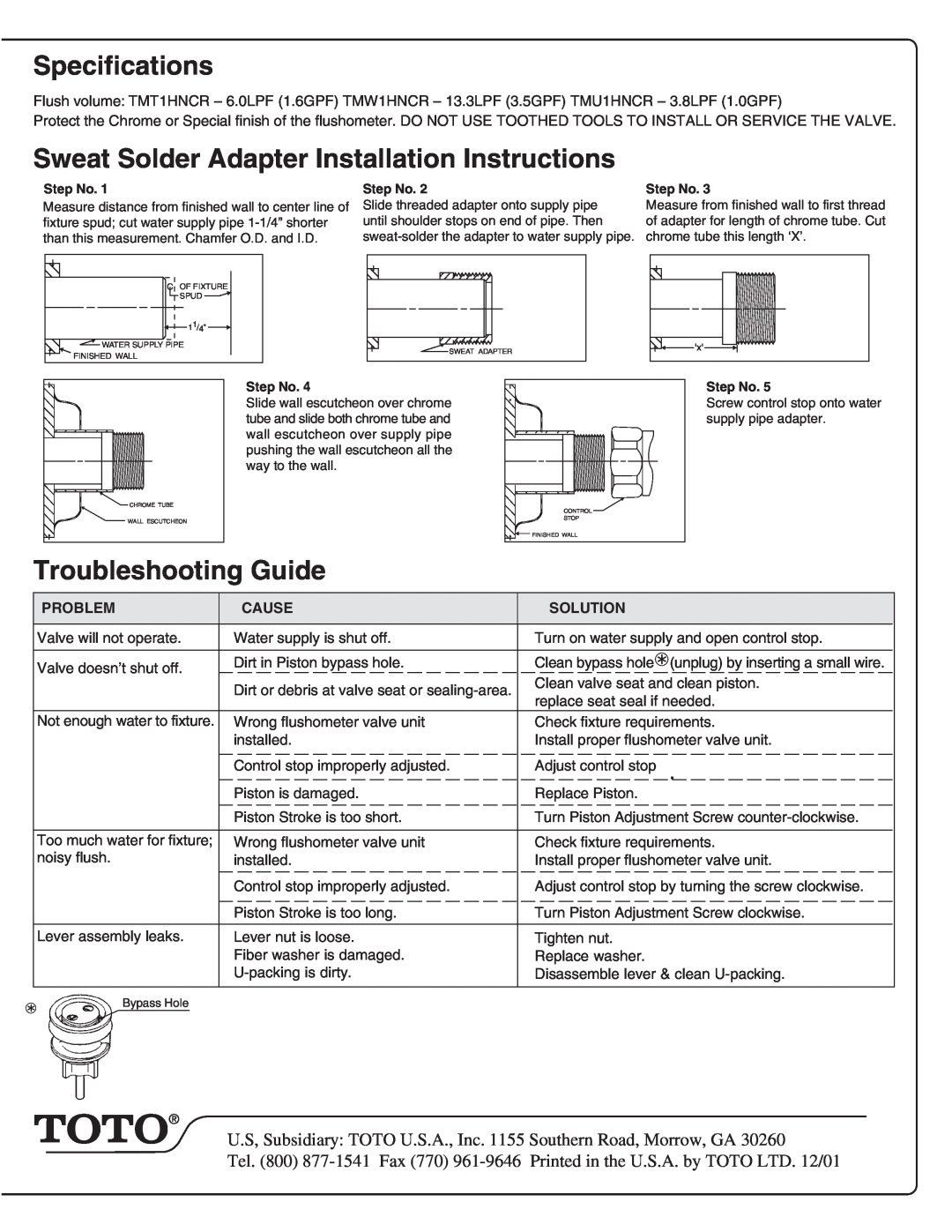 Toto TMT1HNCR Specifications, Sweat Solder Adapter Installation Instructions, Troubleshooting Guide, Problem, Cause 