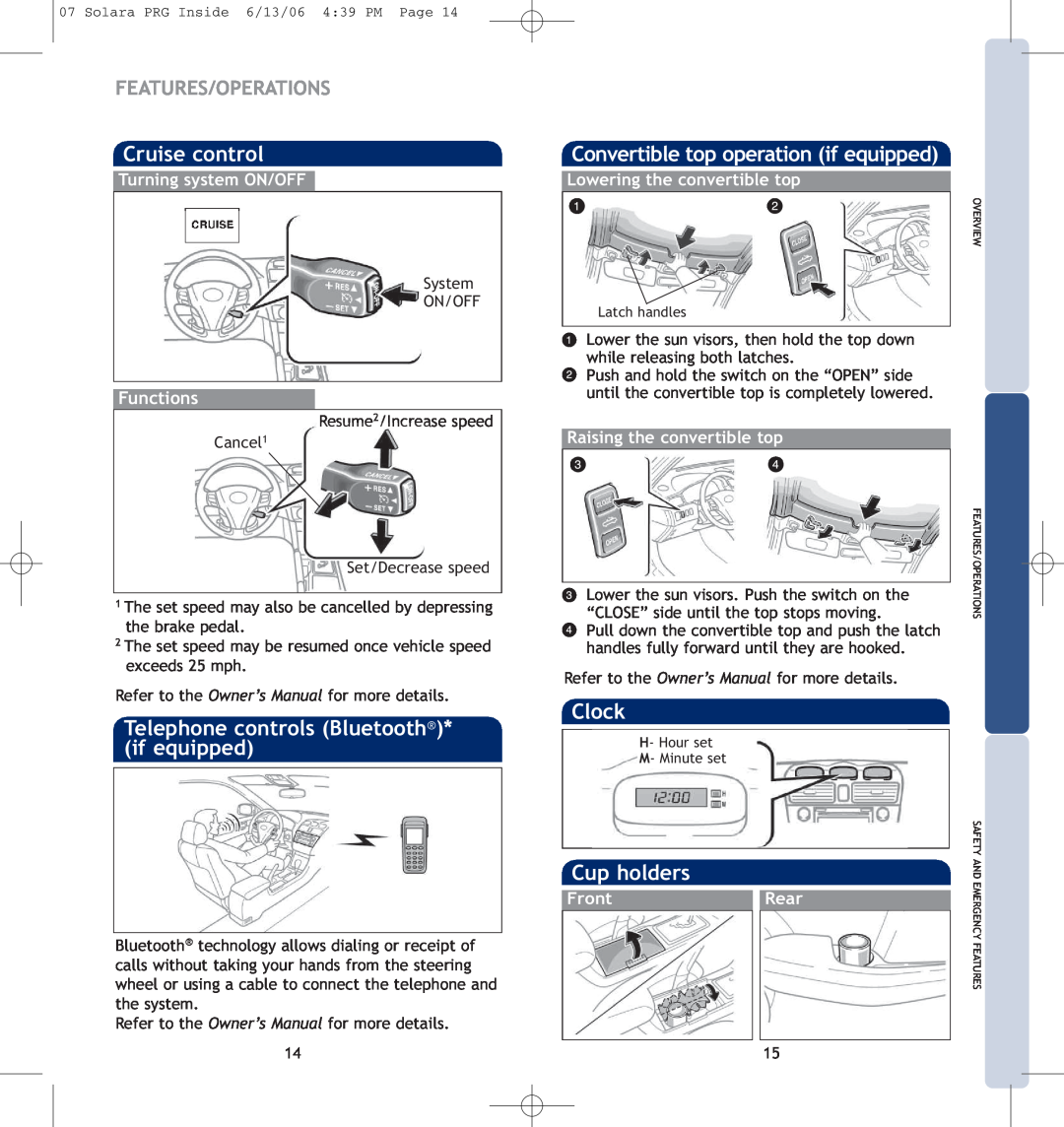 Toyota 00452-PRG07-SOL manual if equipped, unctions, Rear, Features/Operations 