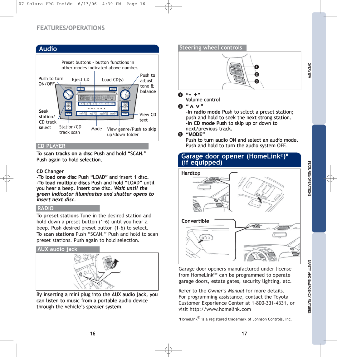 Toyota 00452-PRG07-SOL “- +”, AUX audio jack, if equipped, Features/Operations, CD Changer, “Mode”, Hardtop, Convertible 