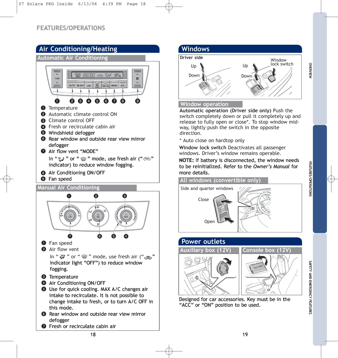 Toyota 00452-PRG07-SOL manual Manual Air Conditioning, Features/Operations, Automatic operation Driv, er side only Push the 