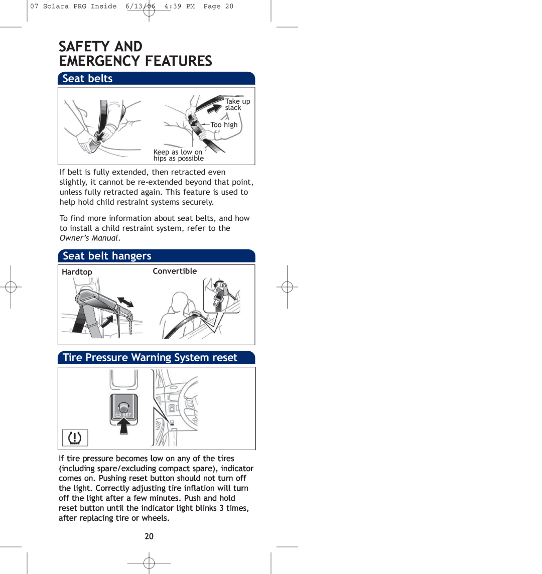 Toyota 00452-PRG07-SOL manual Safety And Emergency Features, HardtopConvertible 