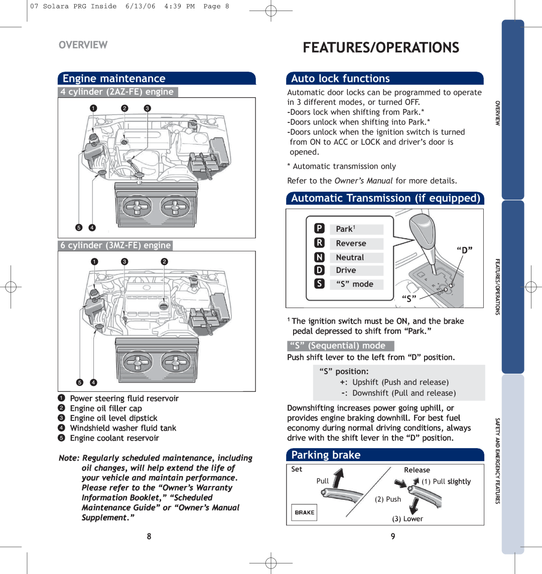 Toyota 00452-PRG07-SOL Features/Operations, cylinder 3MZ-FE engine, Overview, Park, Reverse, Neutral, Drive, “S” mode 