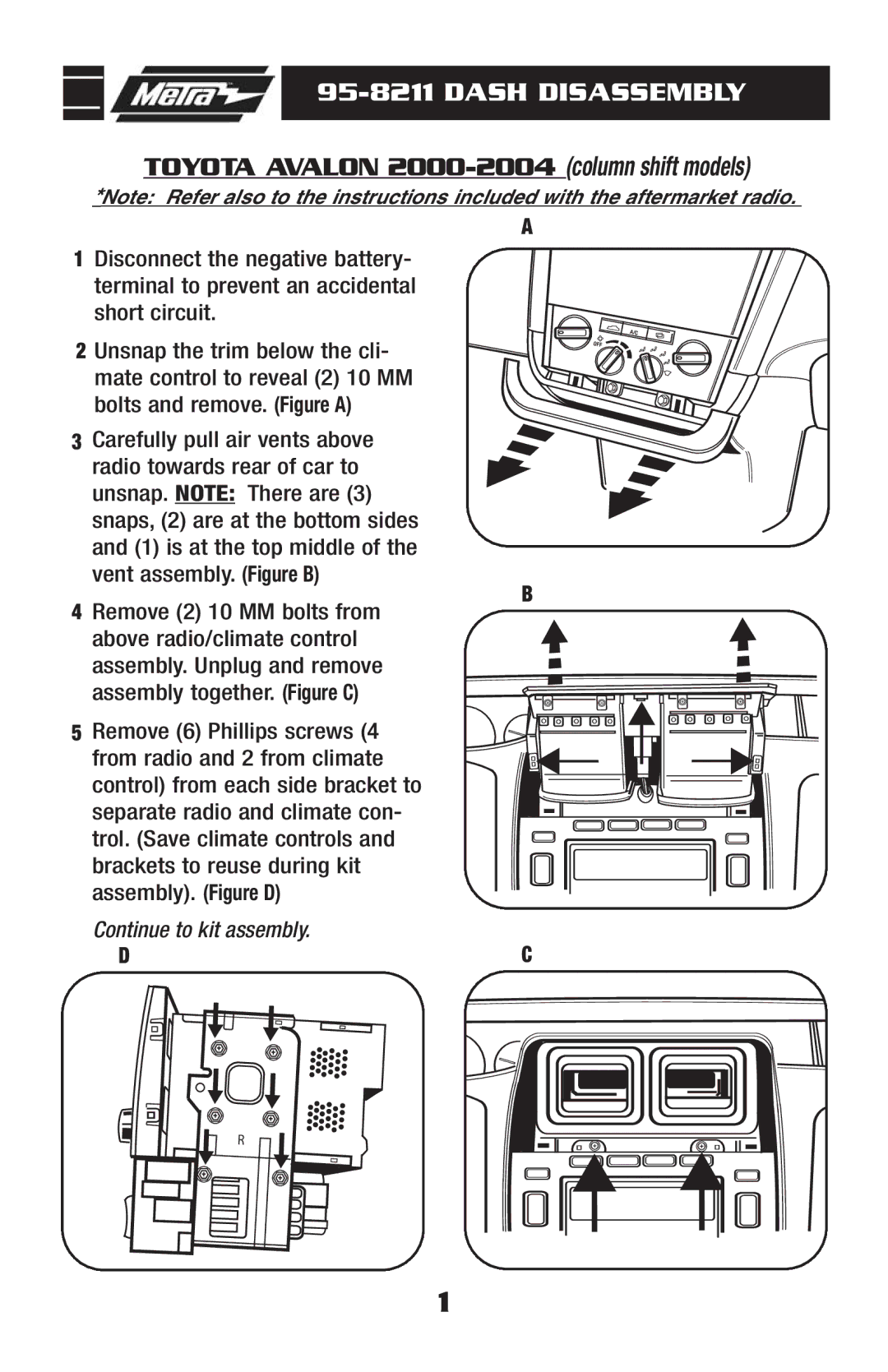 Toyota 95-8211 installation instructions Dash Disassembly, Toyota Avalon 2000-2004 column shift models 