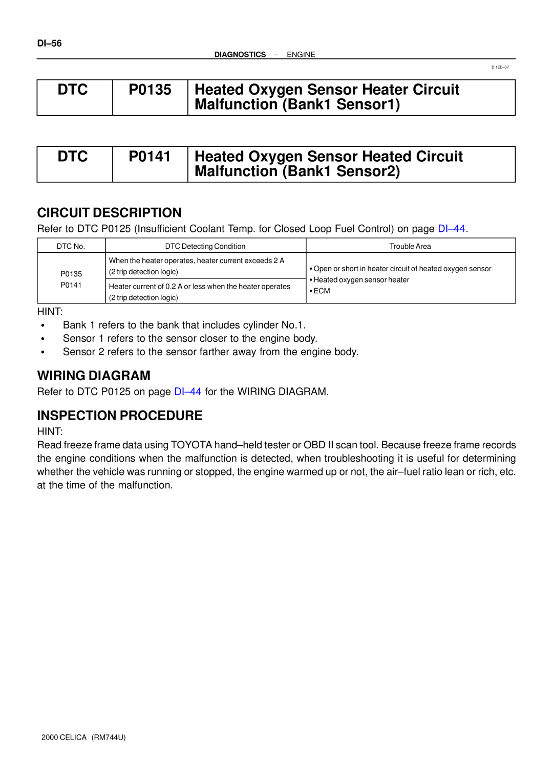 Toyota DTC P0135 manual Circuit Description, Wiring Diagram, Inspection Procedure, Hint 