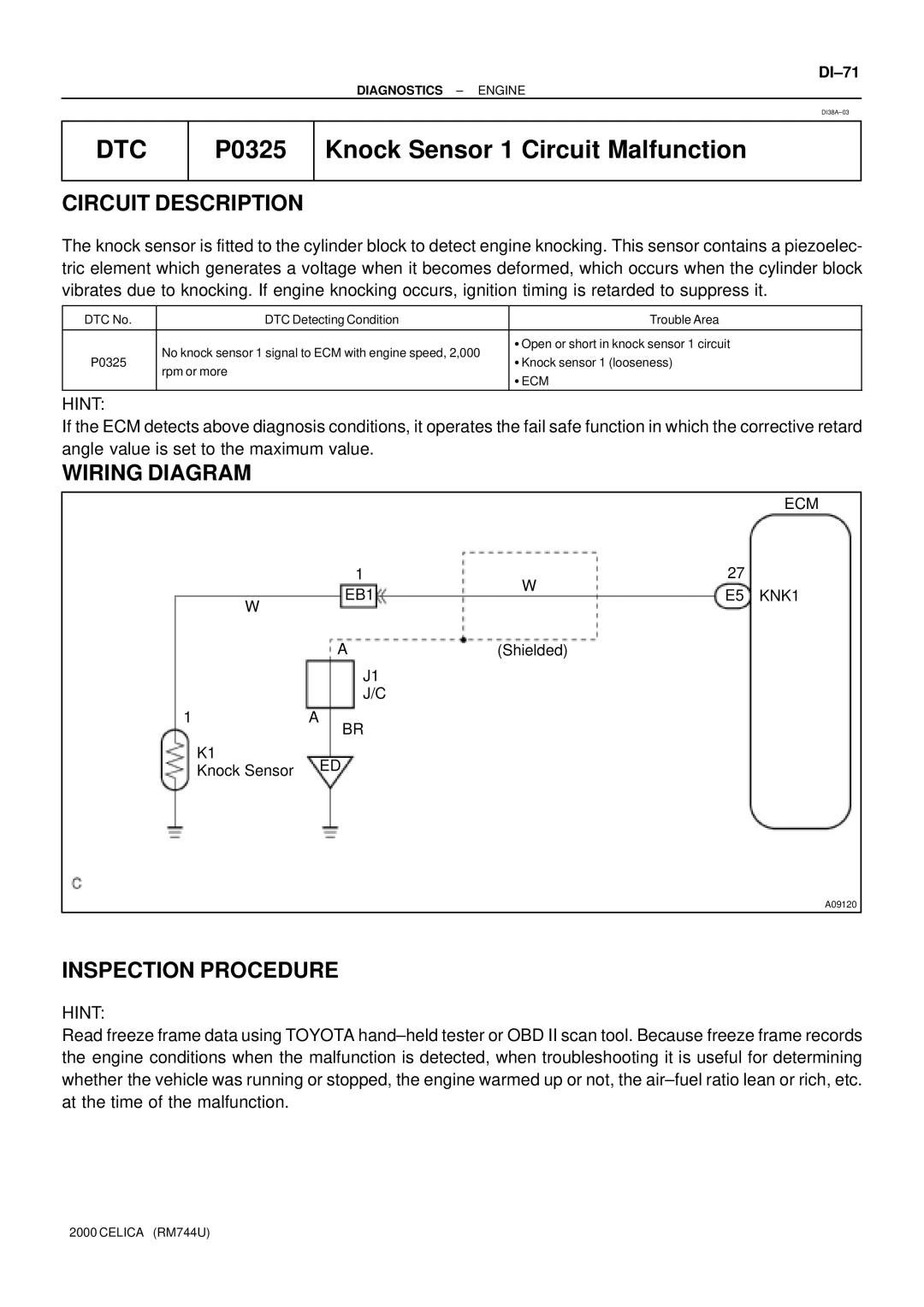 Toyota manual Dtc, P0325 Knock Sensor 1 Circuit Malfunction, Circuit Description, Wiring Diagram, Inspection Procedure 