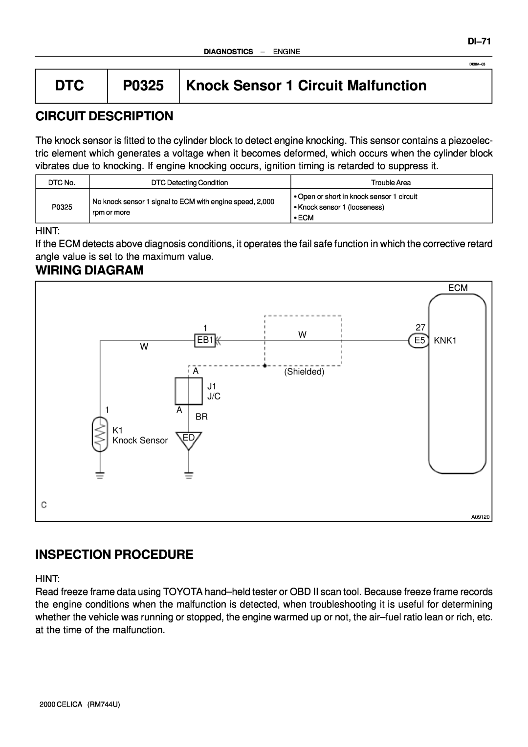 Toyota P0325 manual Knock Sensor 1 Circuit Malfunction, Circuit Description, Wiring Diagram, Inspection Procedure 