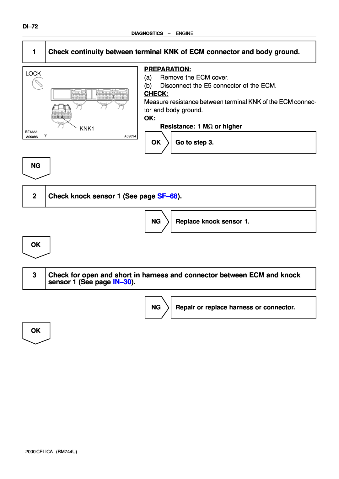 Toyota P0325 manual Check knock sensor 1 See page SF±68 