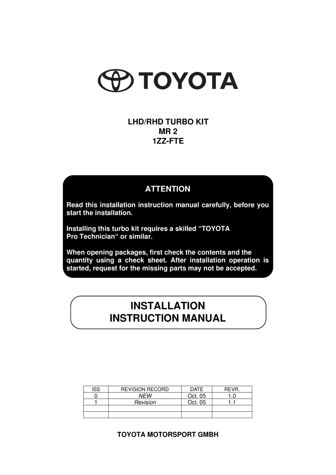 Toyota pmn instruction manual Installation 